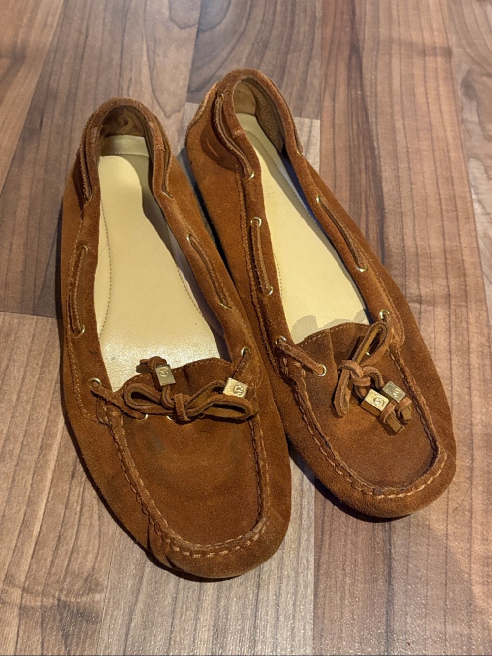 Michael Kors Suede Moccasins Size 7.5 Loafers Gold Hardware Brown Shoes